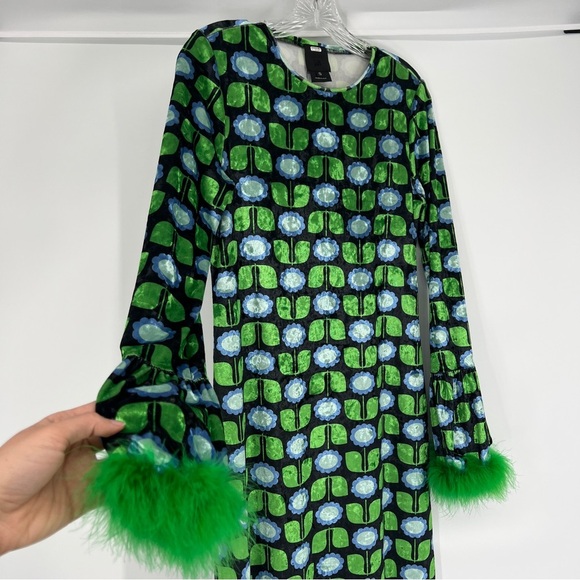 Anna Sui Green Floral Velvet Feather Cuff Abstract Pop Art Festival Maxi Dress S - Picture 3 of 8